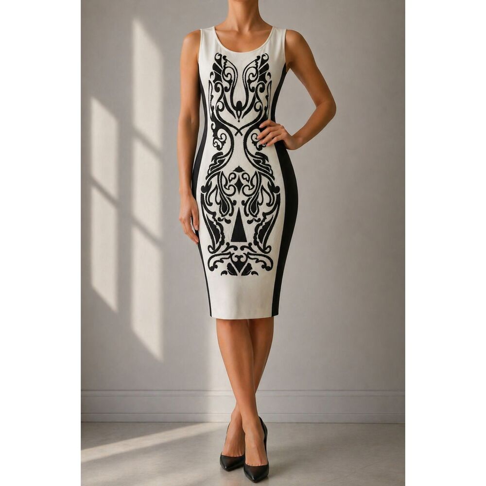 Bianca Nygård Black White Bodycon Dress Size 14 Stretch Sheath Sleeveless